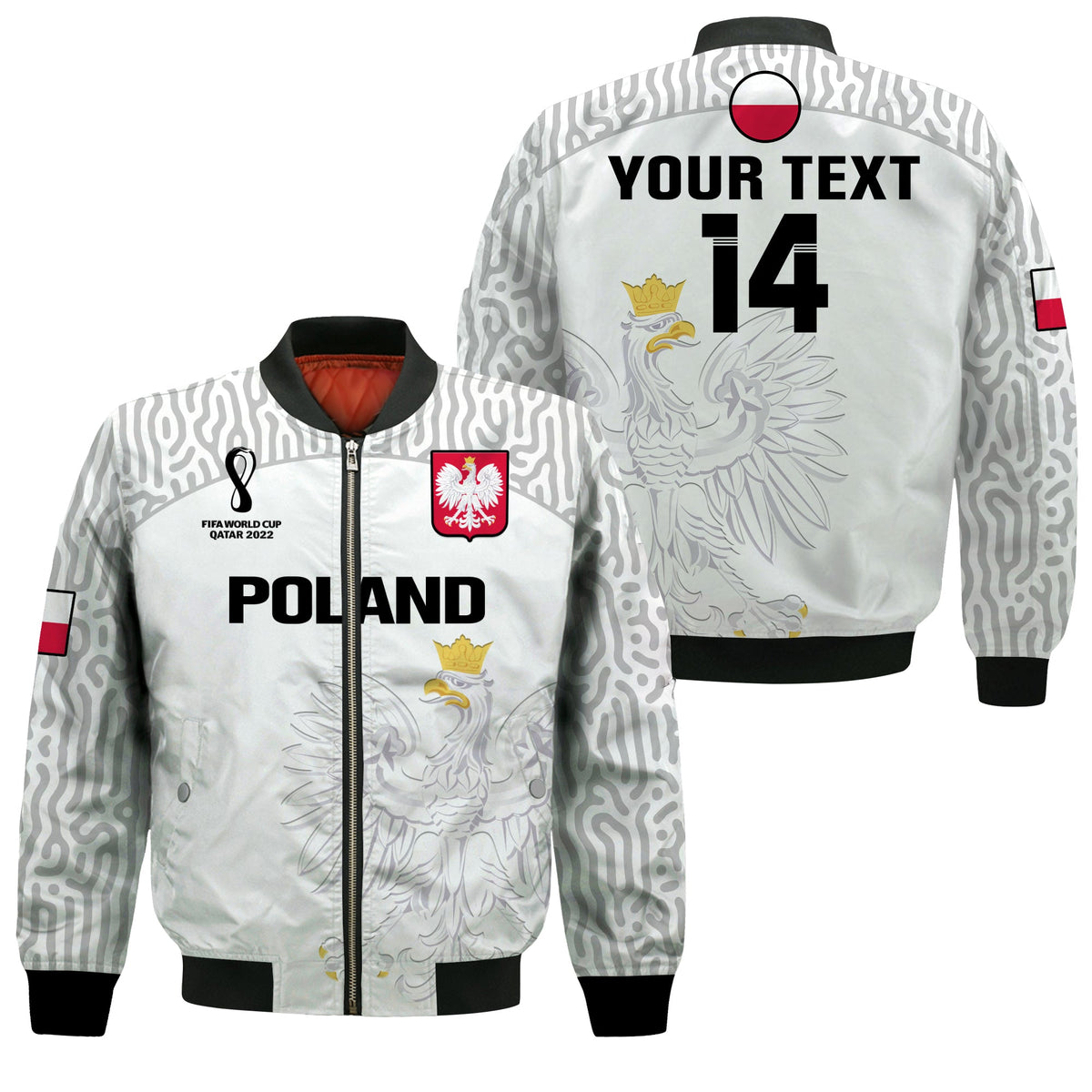 (Custom Text And Number) Poland Football Bomber Jacket Polska World Cup 2022 White - Wonder Print Shop