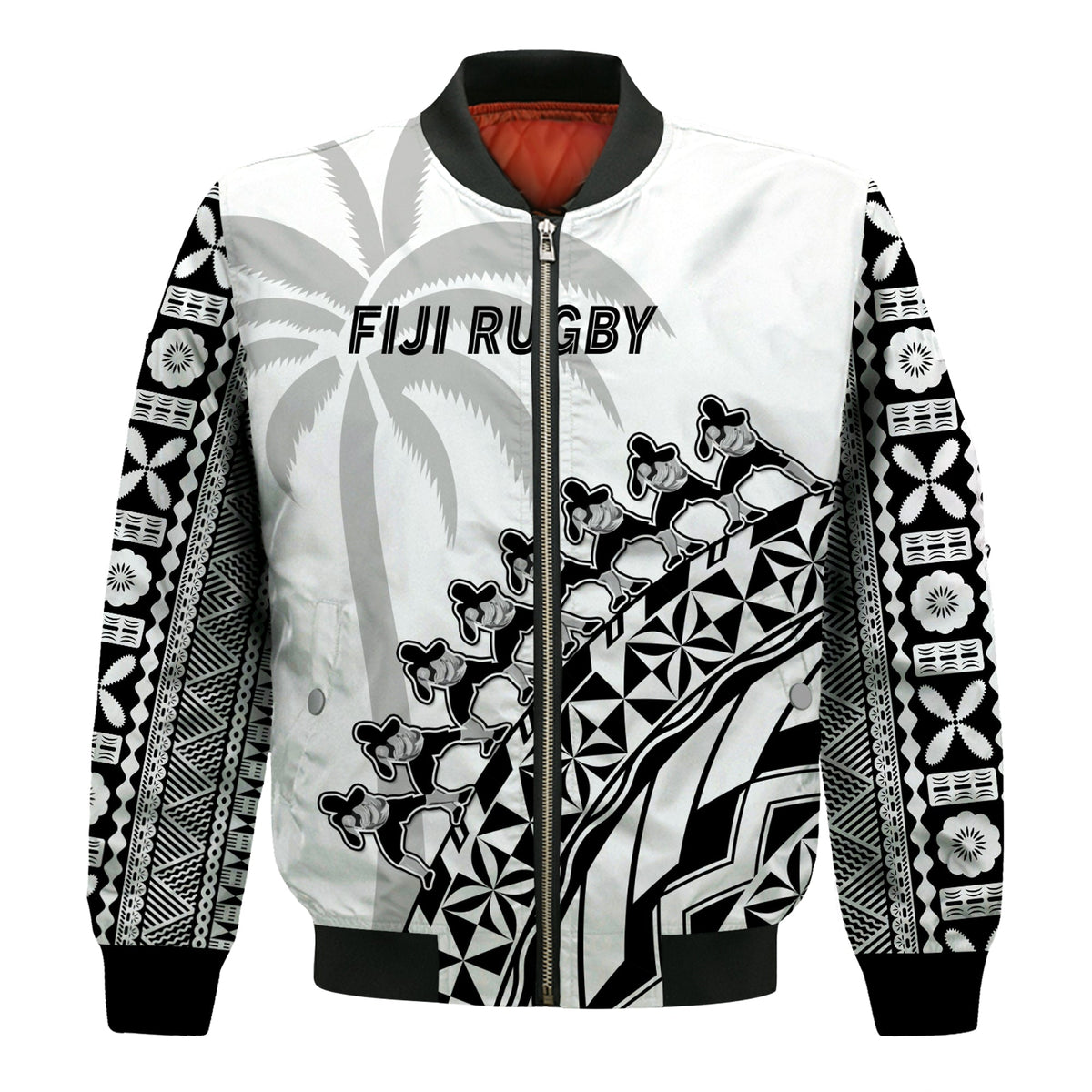 Fiji Rugby Bomber Jacket Fijian Cibi Dance Tapa Pattern White - Wonder Print Shop