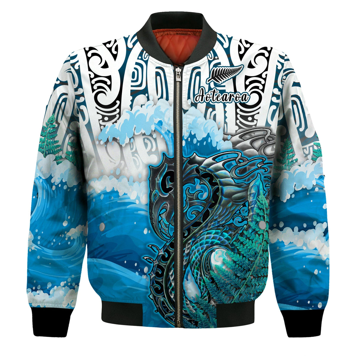 Custom Personalised Manaia Maori Bomber Jacket Fern Aotearoa Blue Waves LT13 - Wonder Print Shop