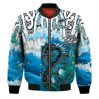 Custom Personalised Manaia Maori Bomber Jacket Fern Aotearoa Blue Waves LT13 - Wonder Print Shop