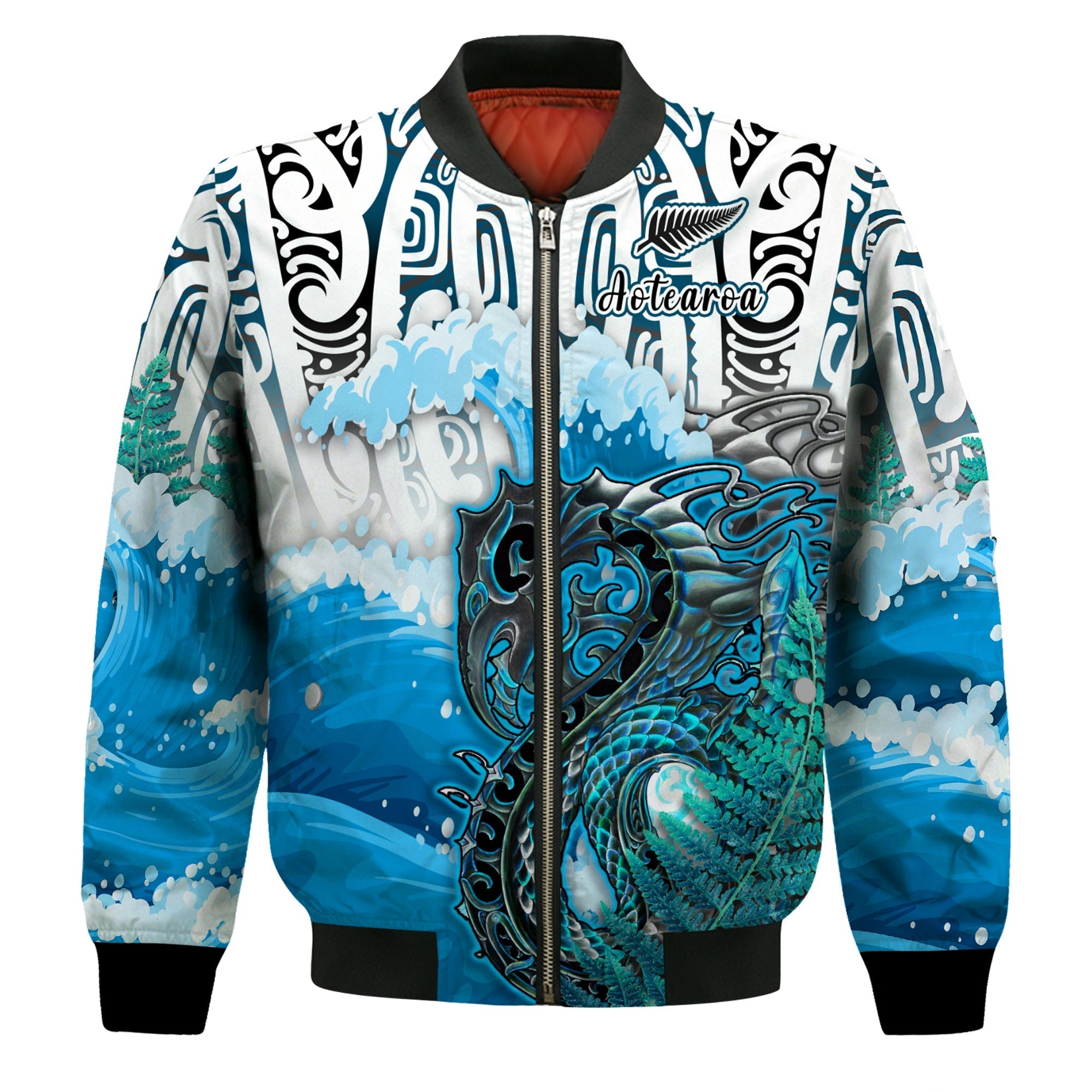 Custom Personalised Manaia Maori Bomber Jacket Fern Aotearoa Blue Waves LT13 - Wonder Print Shop