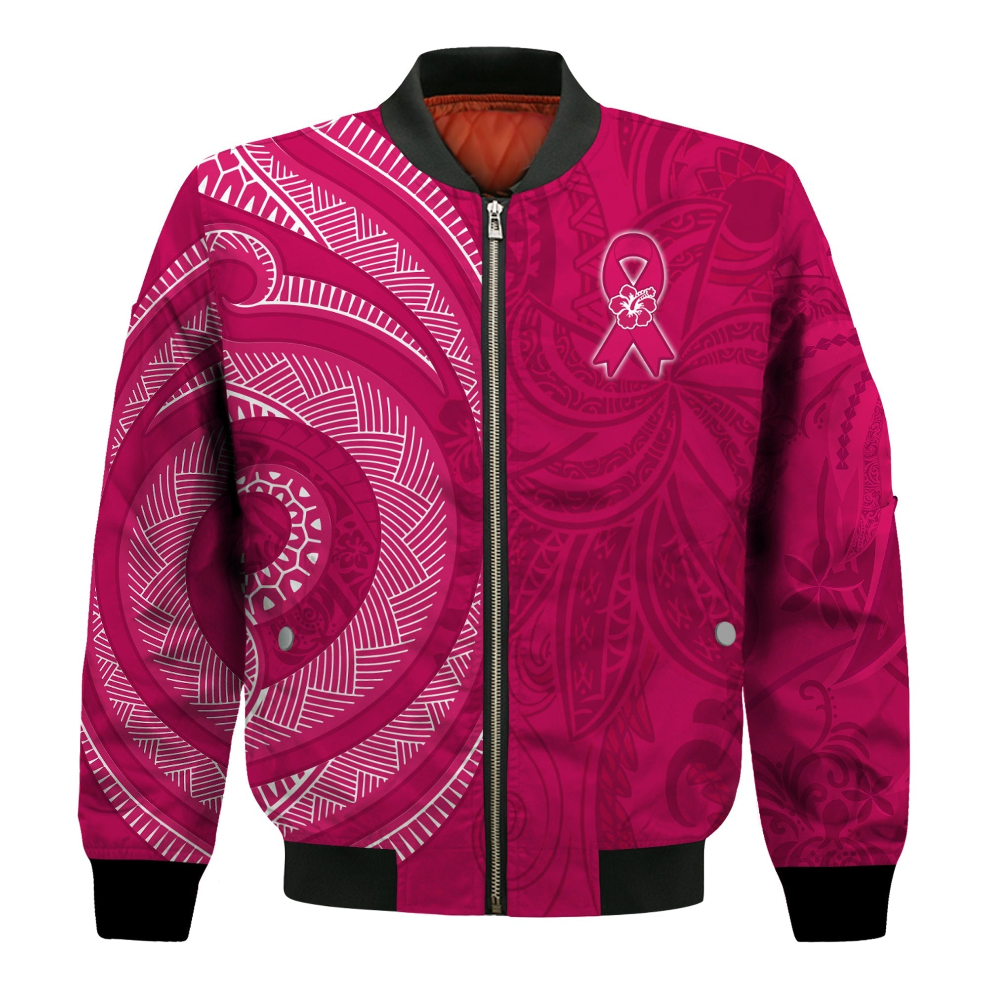 Breast Cancer Awareness Bomber Jacket Hibiscus Polynesian No One Fights Alone LT13 - Wonder Print Shop