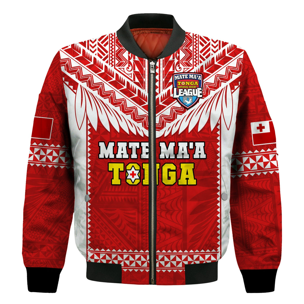 Custom Text And Number Tonga Rugby Bomber Jacket Mate Maa Tonga Pacific Ngatu White - Wonder Print Shop