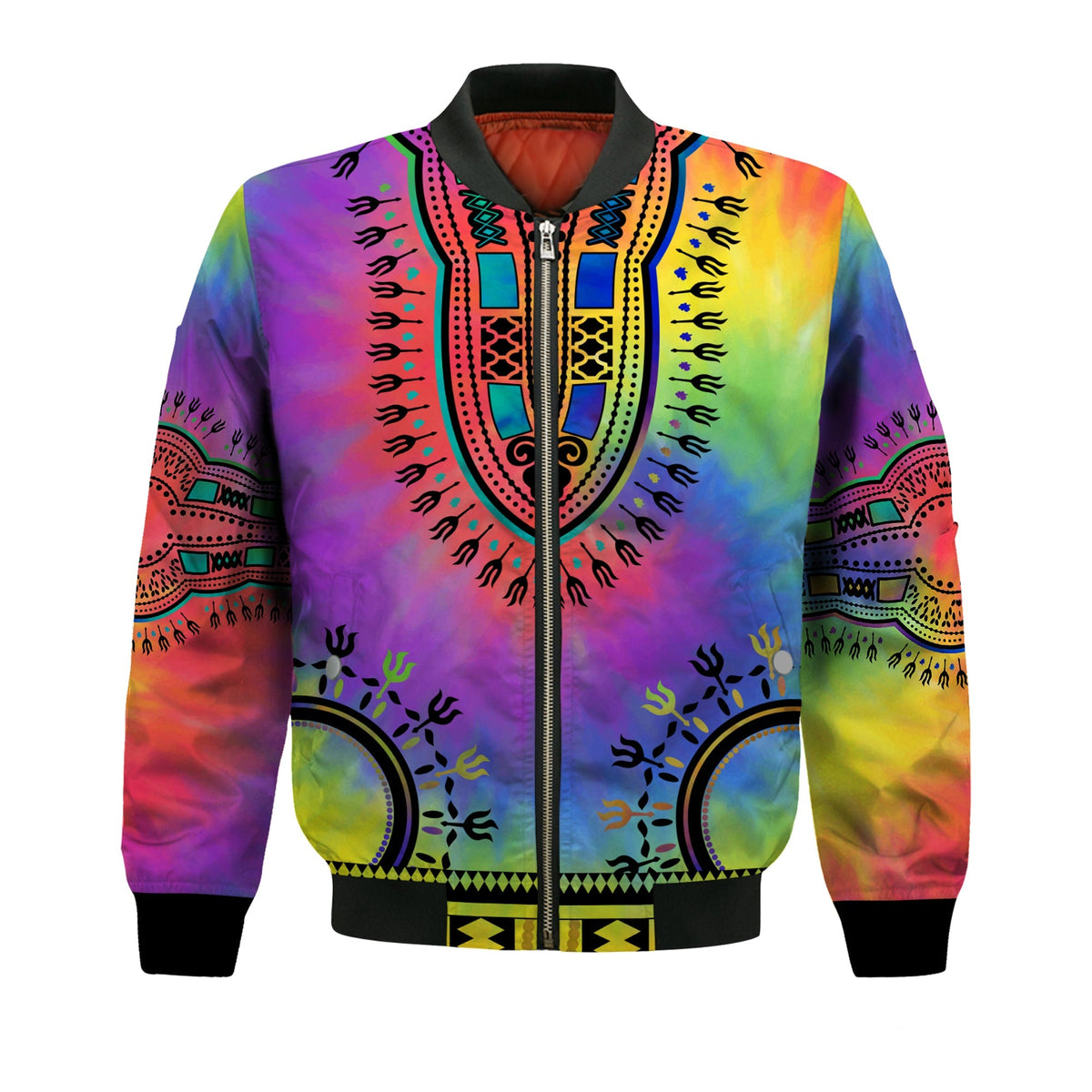 Multicolor Dashiki bomber jacket front view, black ribbed collar and zip front