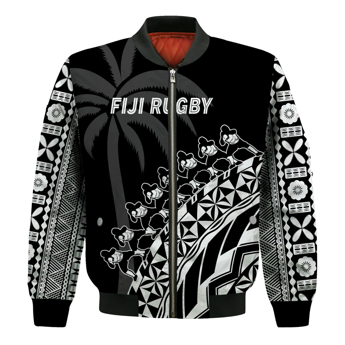 Custom Text And Number Fiji Rugby Bomber Jacket Fijian Cibi Dance Tapa Pattern Black - Wonder Print Shop