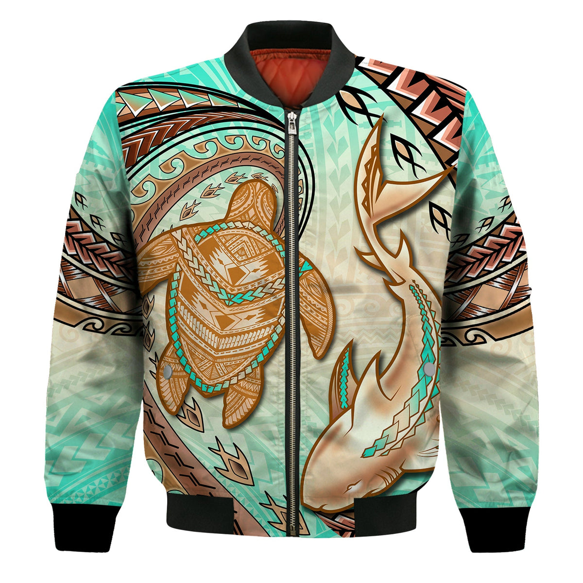 Hawaii Bomber Jacket Polynesian Shark And Sea Turtle Dreamy Turquoise Artsy - Wonder Print Shop