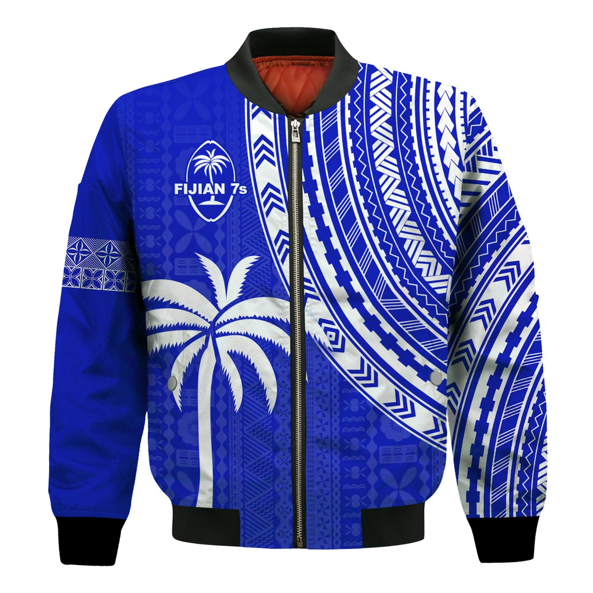 Custom Text and Number Fiji Rugby Sevens Bomber Jacket Fijian 7s Tapa Polynesian Blue Ver.02 LT13 - Wonder Print Shop