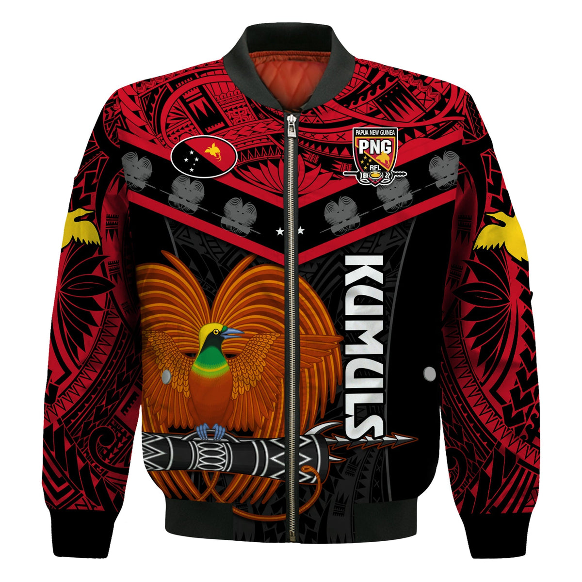 Custom Text And Number Papua New Guinea Rugby Bomber Jacket PNG Kumuls Bird Of Paradise Black - Wonder Print Shop