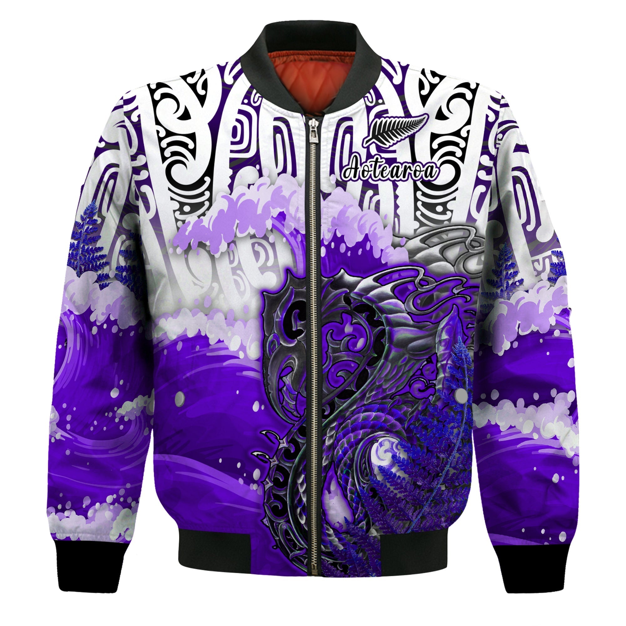 Custom Personalised Manaia Maori Bomber Jacket Fern Aotearoa Purple Waves LT13 - Wonder Print Shop