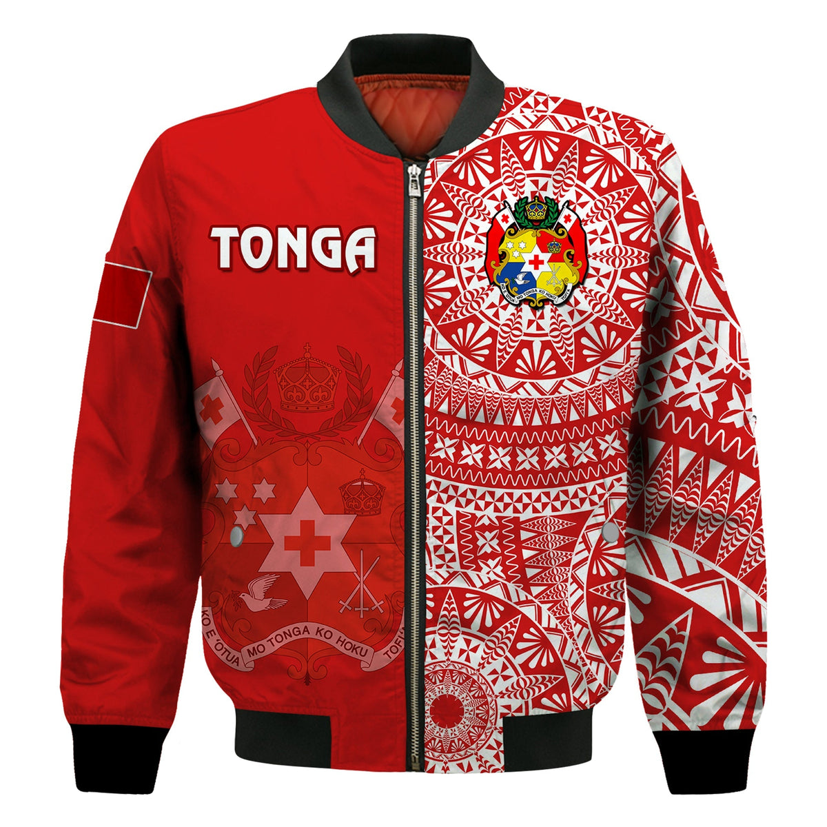 Custom Text And Number Tonga Bomber Jacket Tongan Coat Of Arms Ngatu Pattern - Wonder Print Shop