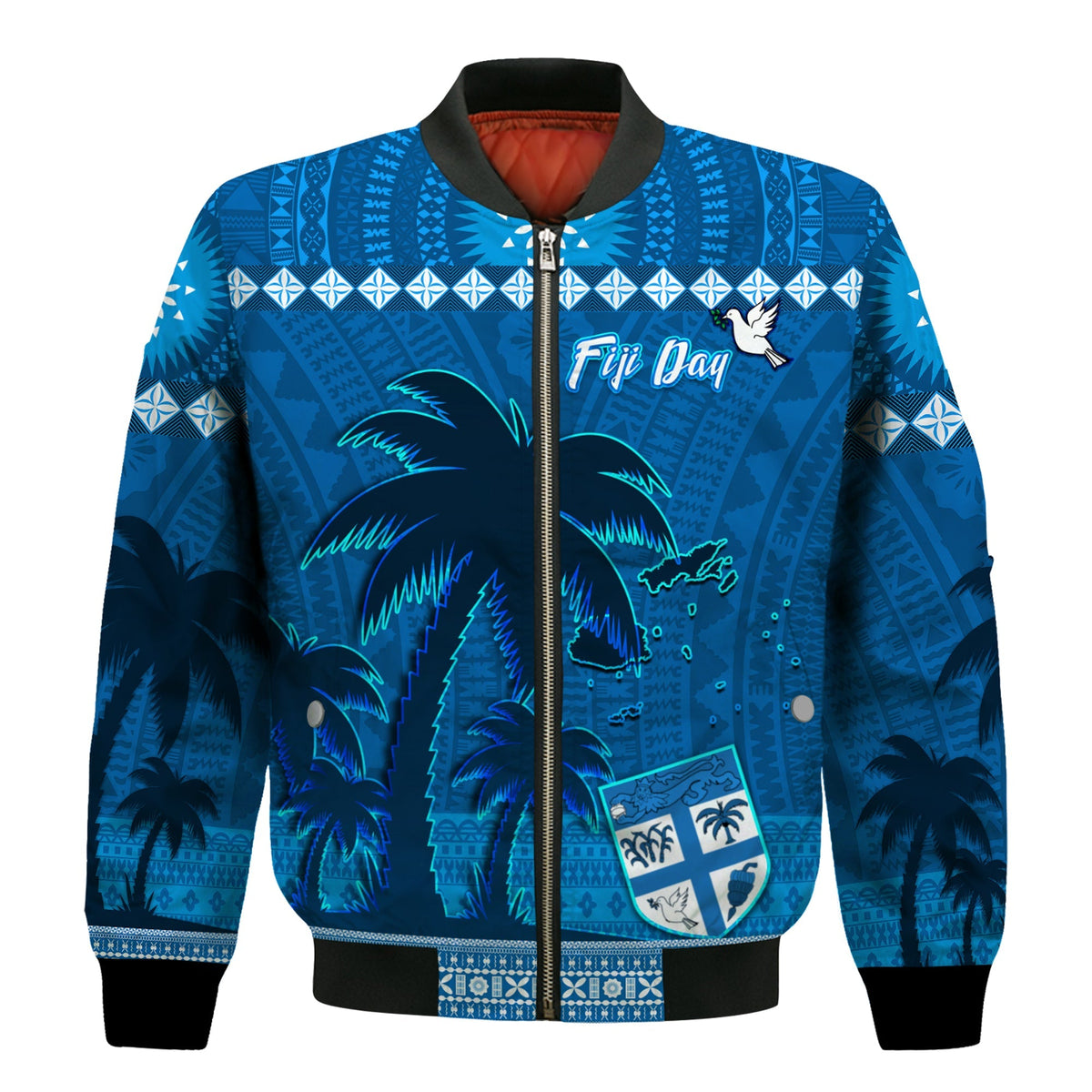 Bula Fiji Day Bomber Jacket Fijian Tapa with Palm Tree 52nd Anniversary LT13 - Wonder Print Shop