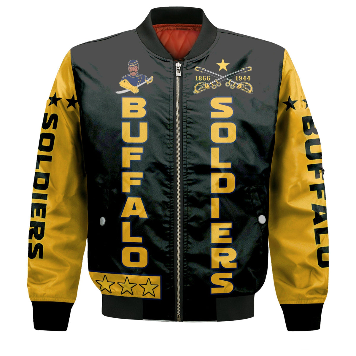 Front view: black and gold bomber jacket with Buffalo Soldiers graphic and zip
