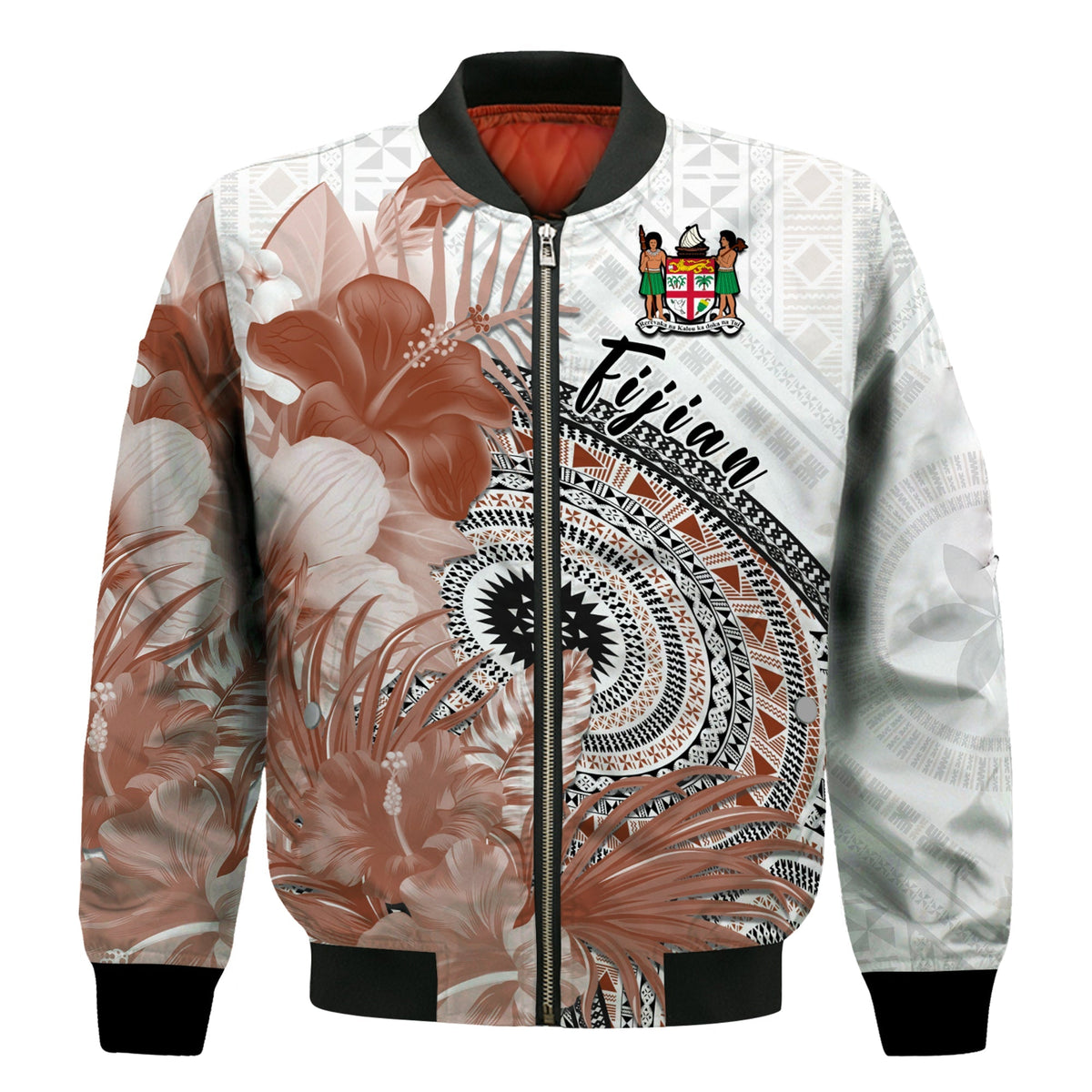 Fiji Tapa Bomber Jacket White Fijian Masi Be Loved Hibiscus LT13 - Wonder Print Shop