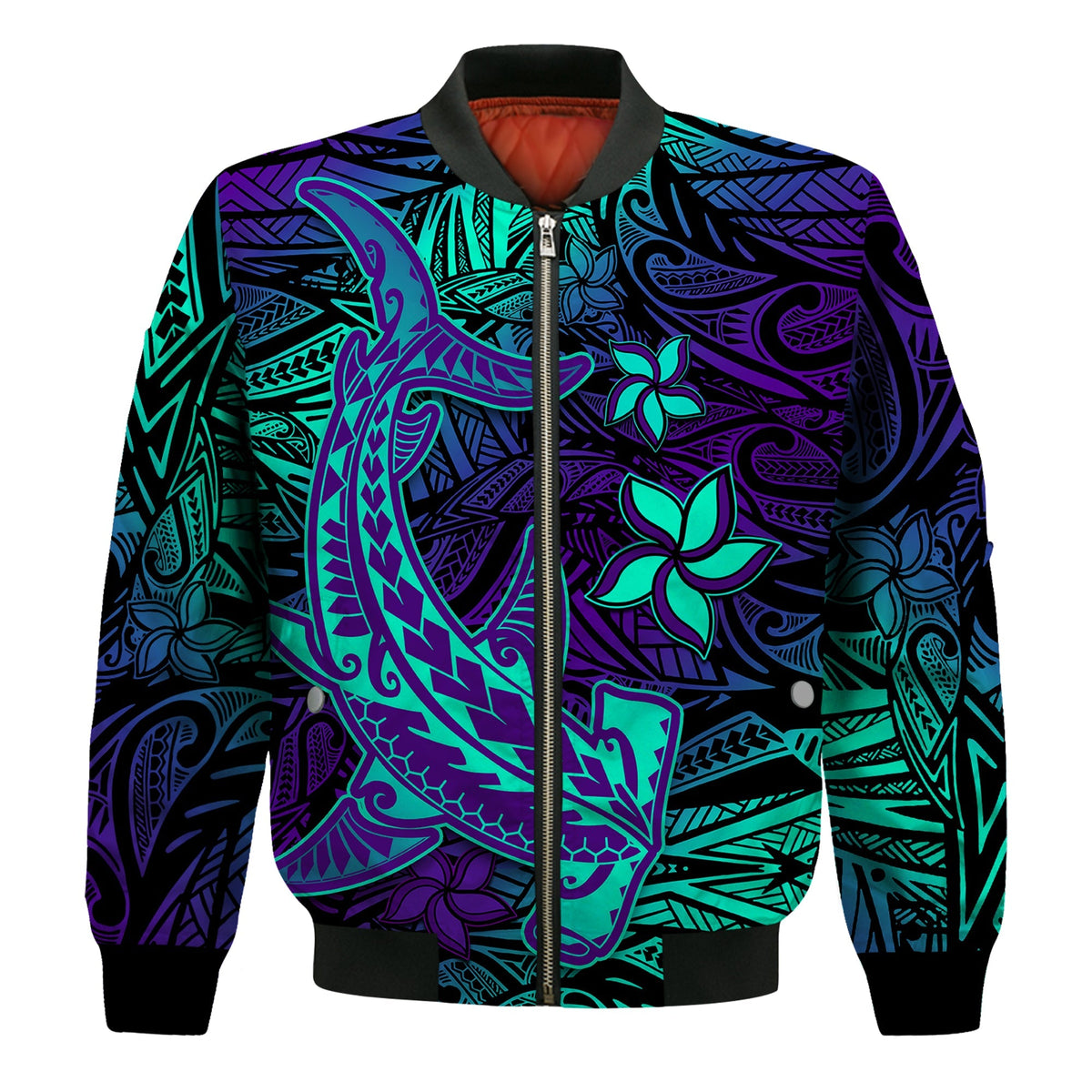 Custom Personalised Polynesian Bomber Jacket Purple Paradise Hawaiian Tribal Hammerhead Shark - Wonder Print Shop