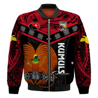 Custom Text And Number Papua New Guinea Rugby Bomber Jacket PNG Kumuls Bird Of Paradise Black - Wonder Print Shop