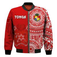 Custom Text And Number Tonga Bomber Jacket Tongan Coat Of Arms Ngatu Pattern - Wonder Print Shop
