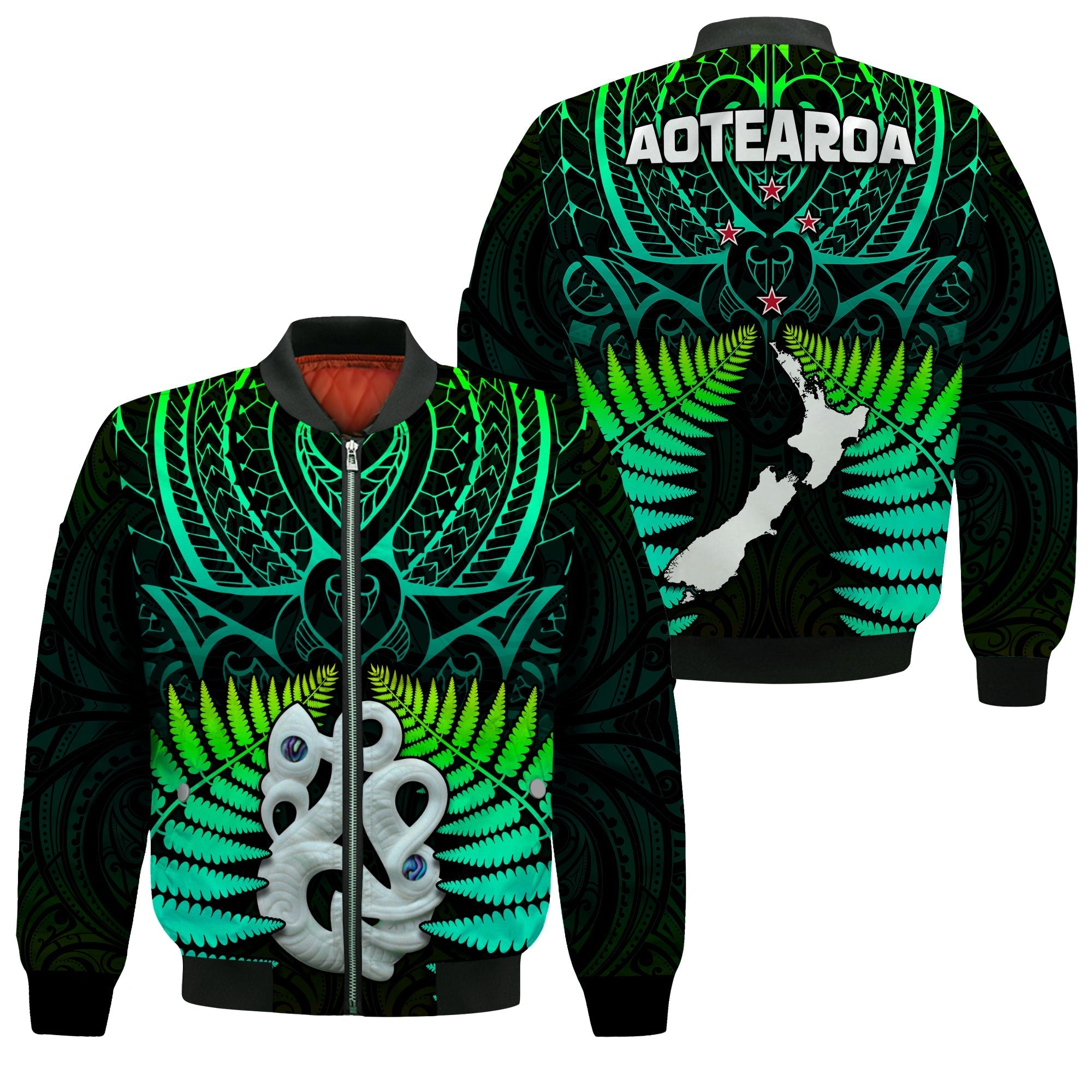 Aotearoa Fern Bomber Jacket New Zealand Hei Tiki Green Style LT13 - Wonder Print Shop