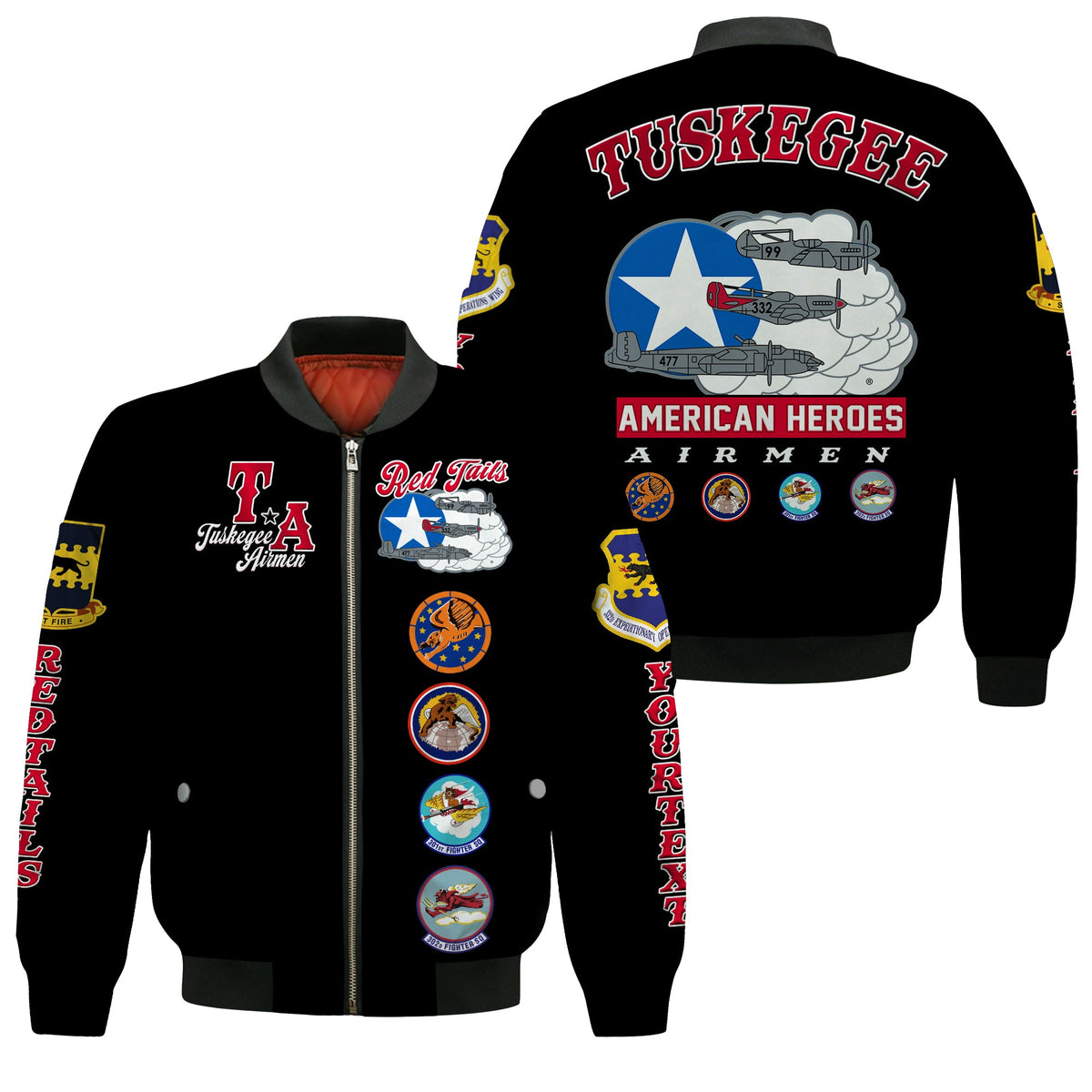 (Custom Personalised) Tuskegee Airmen Bomber Jacket Red Tail Angels American Heros Ver.04 - Wonder Print Shop