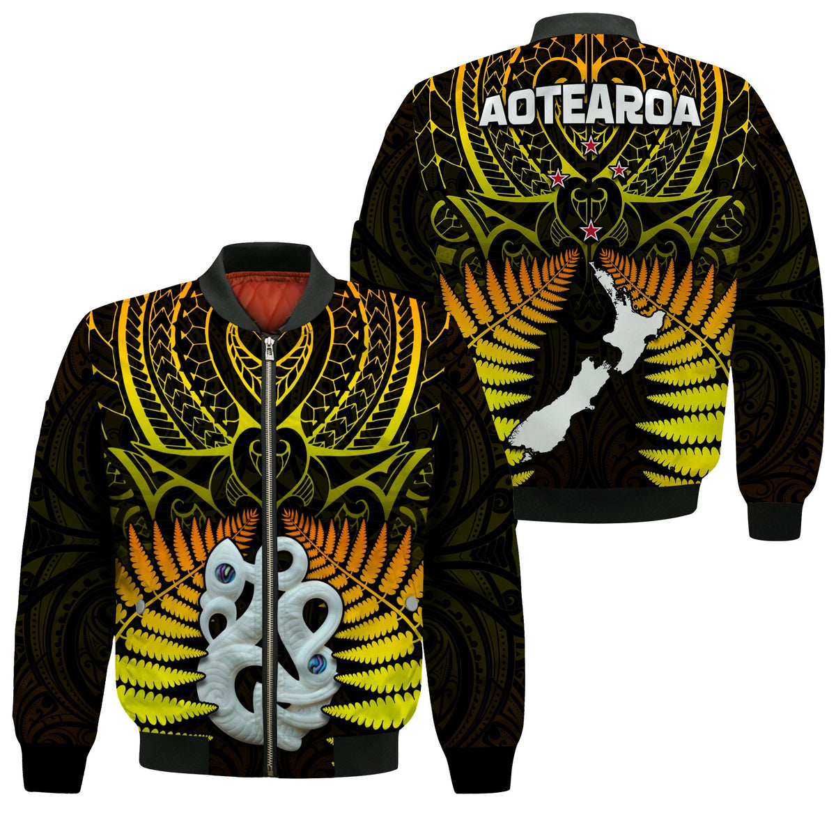 Aotearoa Fern Bomber Jacket New Zealand Hei Tiki Gold Style LT13 - Wonder Print Shop