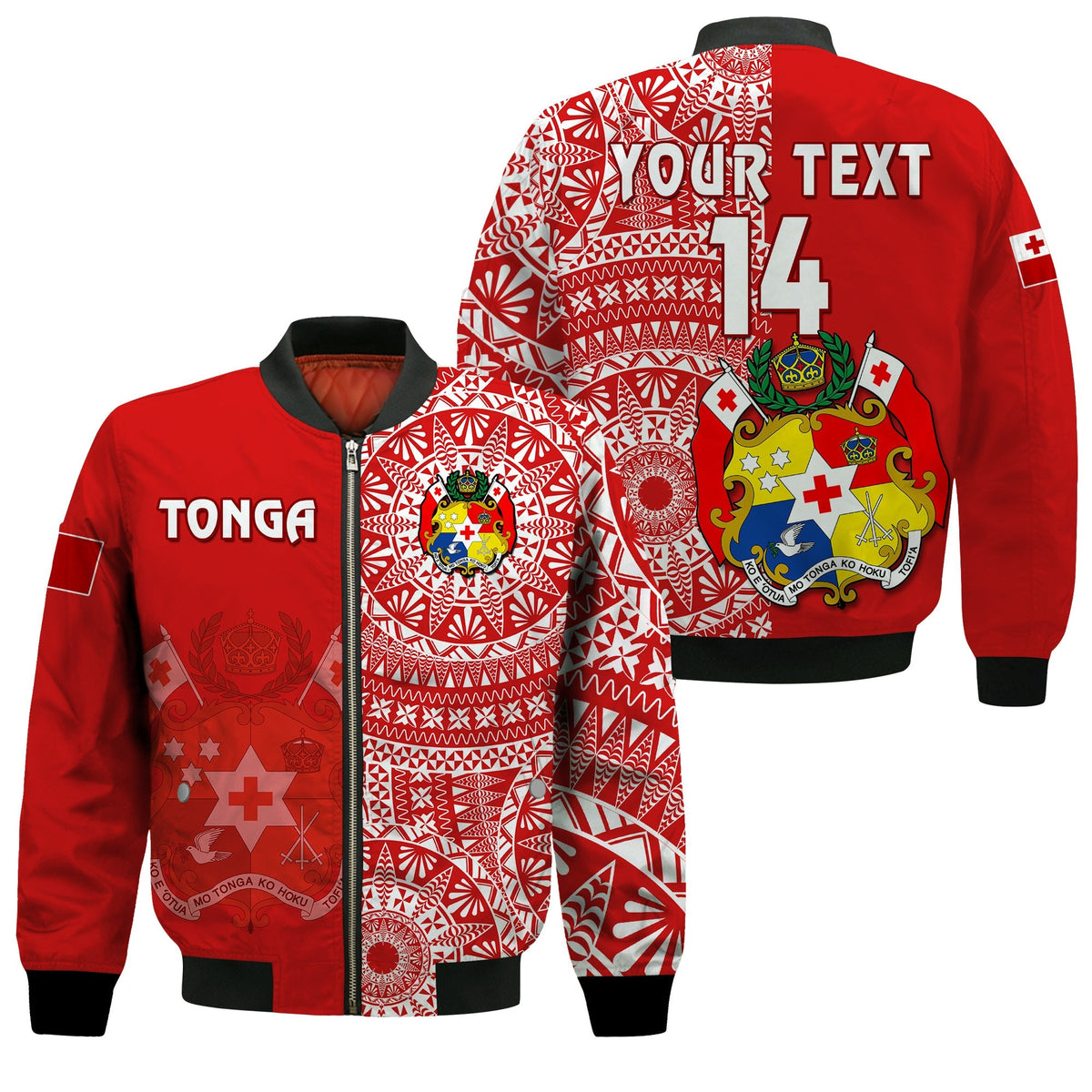 Custom Text And Number Tonga Bomber Jacket Tongan Coat Of Arms Ngatu Pattern - Wonder Print Shop