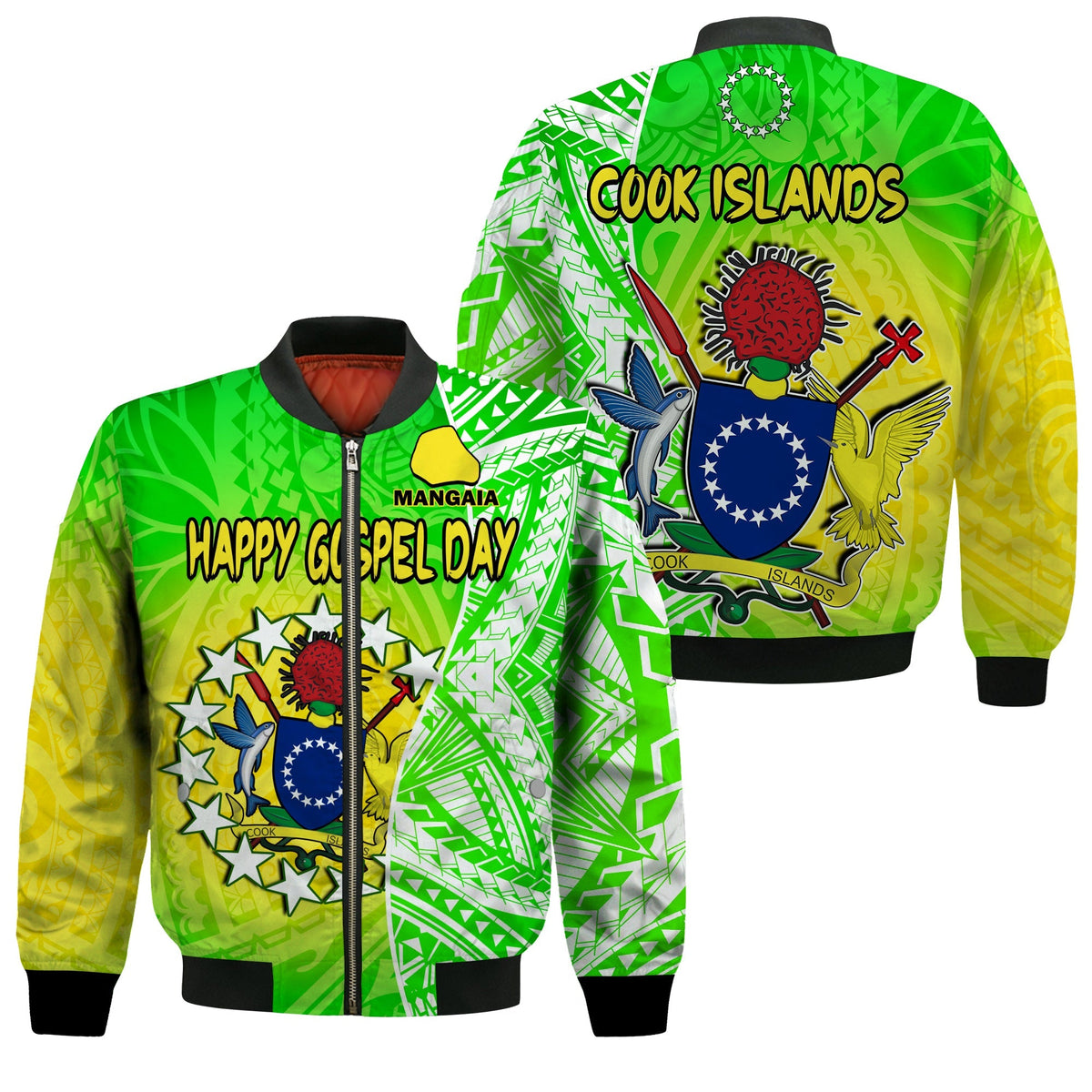 Happy Mangaia Gospel Day Bomber Jacket Cook Islands Coat of Arms Polynesian Pattern - Wonder Print Shop