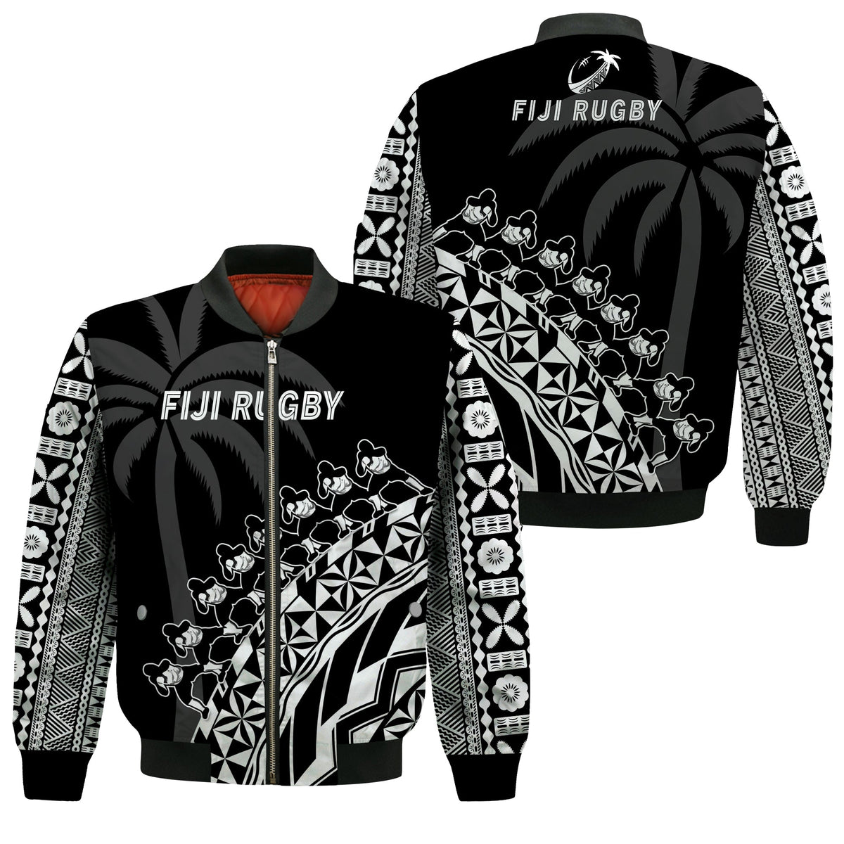 Fiji Rugby Bomber Jacket Fijian Cibi Dance Tapa Pattern Black - Wonder Print Shop