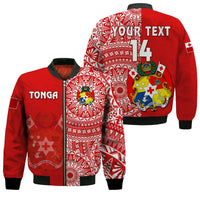 Custom Text And Number Tonga Bomber Jacket Tongan Coat Of Arms Ngatu Pattern - Wonder Print Shop