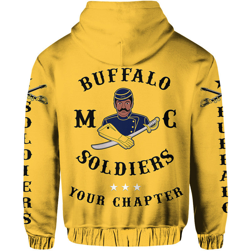 Gold hoodie back with large Buffalo MC Soldiers graphic and shoulder emblems