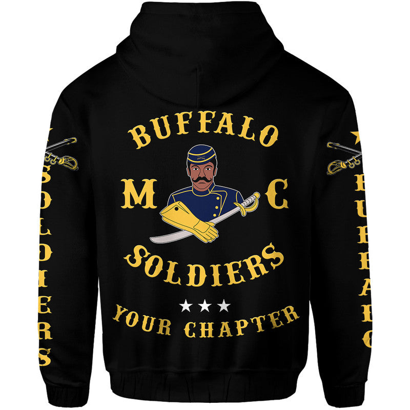 Black hoodie back graphic with Buffalo Soldiers soldier, sword, 'Soldiers' and stars