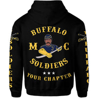 Black hoodie back graphic with Buffalo Soldiers soldier, sword, 'Soldiers' and stars