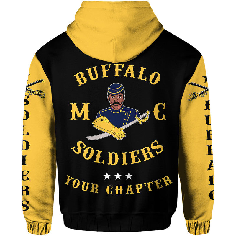 Back view black hoodie with large gold Buffalo Soldiers text and soldier graphic