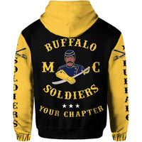 Back view black hoodie with large gold Buffalo Soldiers text and soldier graphic