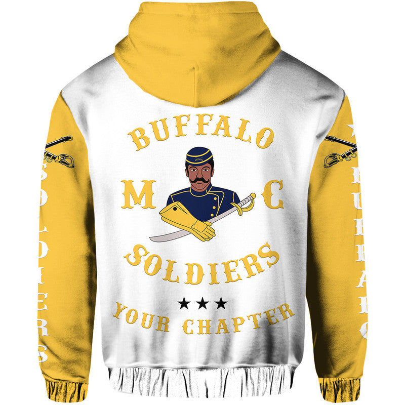 Back of white hoodie with gold hood; large motorcycle club text graphic.