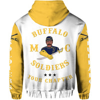 Back of white hoodie with gold hood; large motorcycle club text graphic.