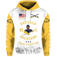White pullover hoodie with gold hood; front motorcycle club graphic and text.