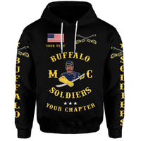 Black hoodie with Buffalo Soldiers graphic, flag and trumpet print, front view
