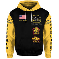 Black and gold pullover hoodie with Buffalo MC front graphic and drawstring hood