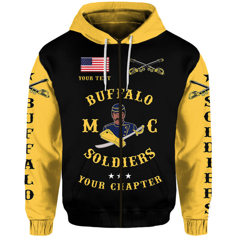 Black hoodie with gold sleeves and front Buffalo Soldiers emblem, drawstring hood