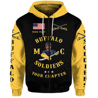 Black hoodie with gold sleeves and front Buffalo Soldiers emblem, drawstring hood