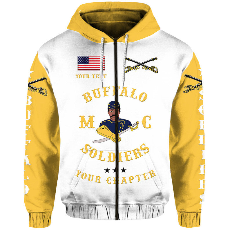 White zip hoodie with gold hood; front motorcycle club crest and lettering.