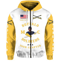 White zip hoodie with gold hood; front motorcycle club crest and lettering.