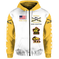 Reißverschluss-Hoodie weiß mit goldenen Ärmeln, Kapuze, MC-Frontprint