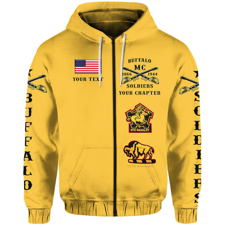 Gold zip hoodie front view with zipper seam and Buffalo MC Soldiers emblem on chest