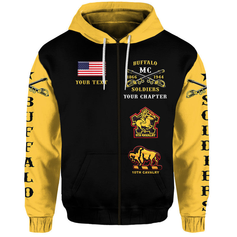Black front hoodie with gold sleeve insignia and Buffalo MC chest artwork