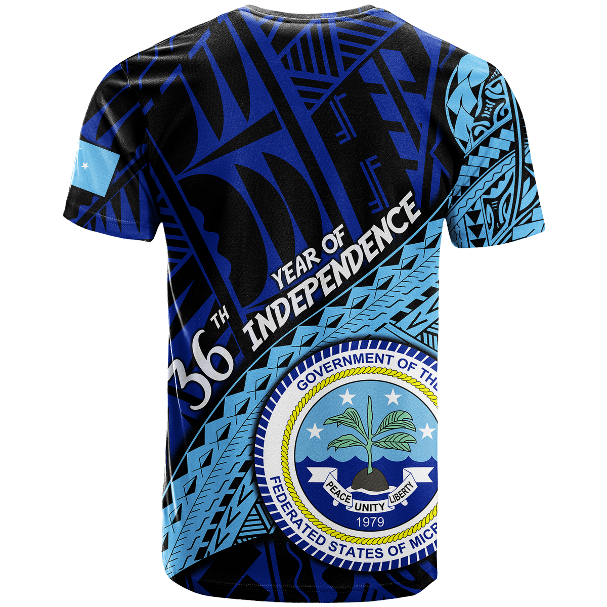 Independence graphic T-shirt with blue and black geometric print and circular crest