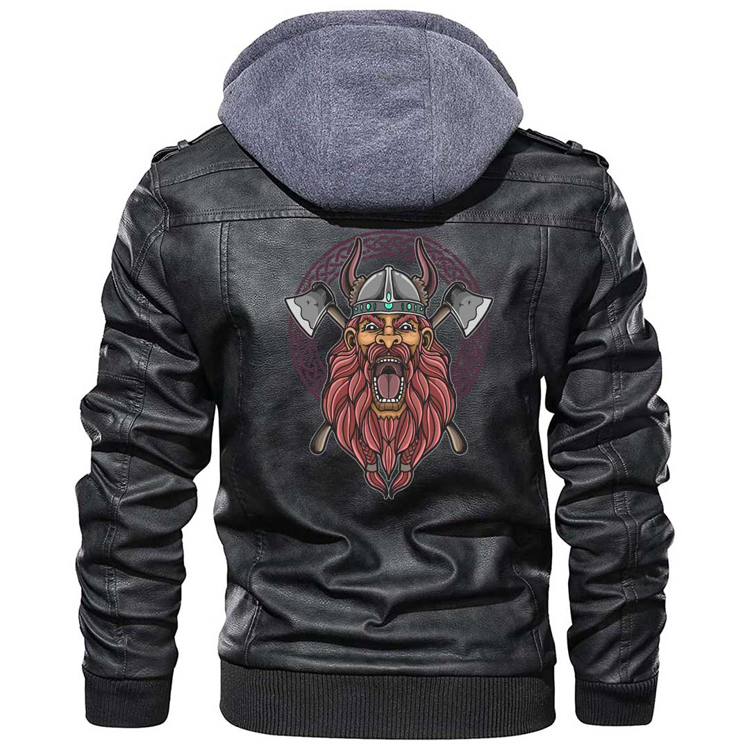 Viking Clothing Viking Barbarian Head With Cross Axe Zipper Leather Jacket RLT12 - Wonder Print Shop