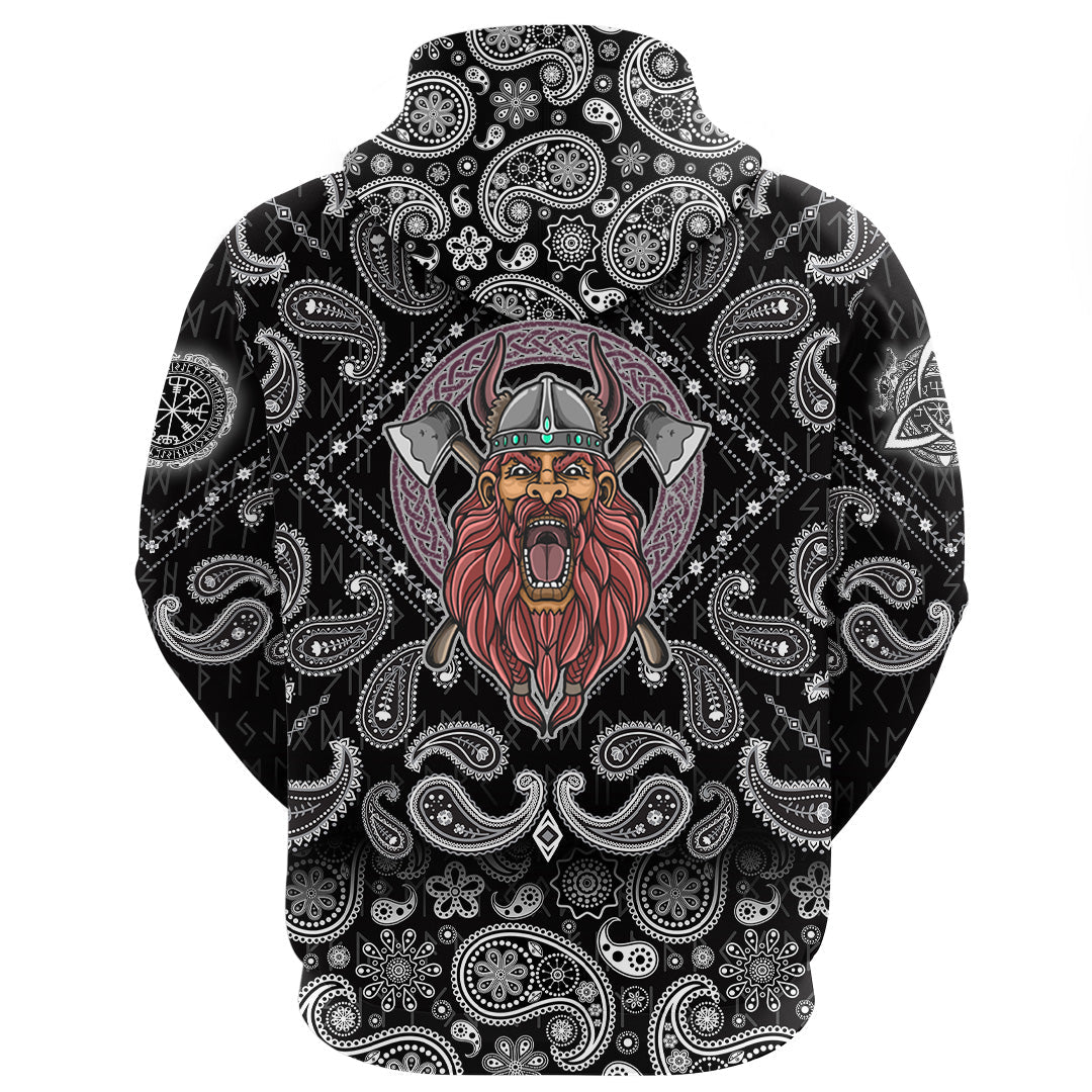 Viking Hoodie Barbarian Head With Cross Axe with Bandana Paisley Style RLT12 - Wonder Print Shop