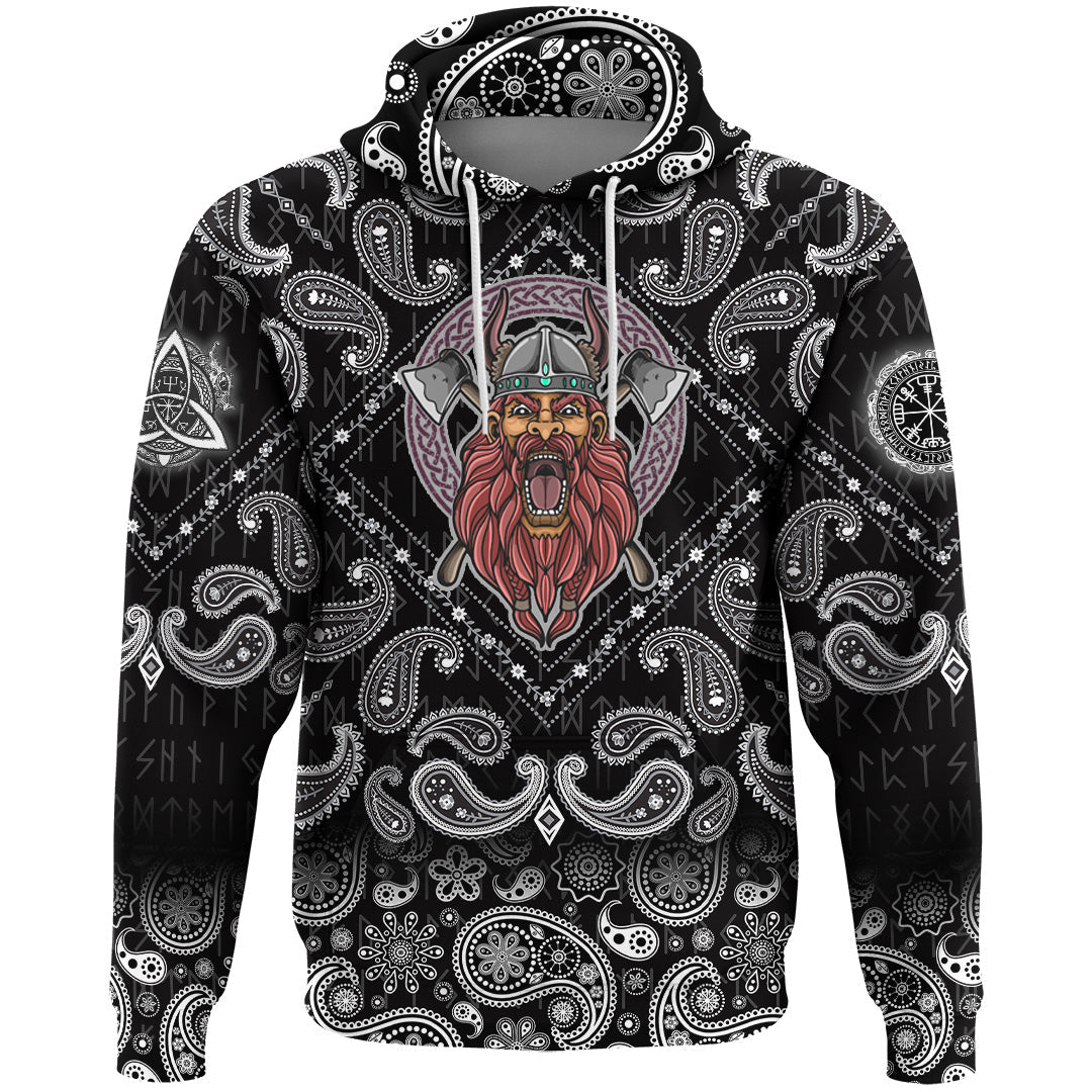 Viking Hoodie Barbarian Head With Cross Axe with Bandana Paisley Style RLT12 - Wonder Print Shop