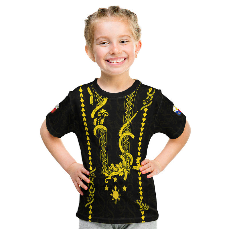 Black T-shirt with gold Barong-style front embroidery and sunburst motif