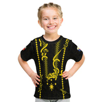 Black T-shirt with gold Barong-style front embroidery and sunburst motif